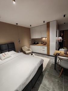 a bedroom with a bed and a table and a kitchen at Apartmani Arija in Veliko Gradište