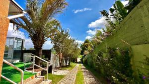 a walkway with palm trees and a building at Hotel ITR-SPA in Itupeva