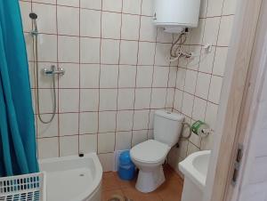a bathroom with a toilet and a shower and a sink at Bałtyckie Siedlisko in Jarosławiec +50 photos