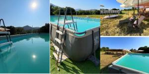 a collage of three pictures of a pool with a boat at Casas Natura - Centro Graus in Graus