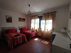 a bedroom with two beds and a window with curtains at Casa La Bolandrina Lago Barasona in La Puebla de Castro
