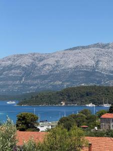 a view of a body of water with a mountain at Studio Bire in Lumbarda