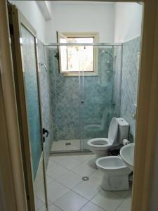a bathroom with a toilet and a glass shower at Villa Agim,Hena in Vlorë