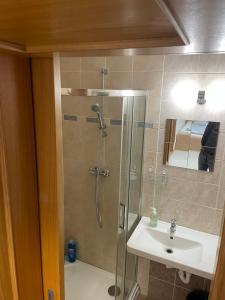 un baño con ducha y lavabo en Vlnena Apartmans, en Brno 27 fotos más