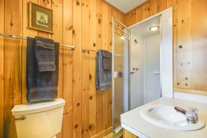 une salle de bains avec toilettes, lavabo et douche dans l'établissement Lakefront Escape with Deck and Kayaks in Lovell!, à North Lovell 28 autres photos