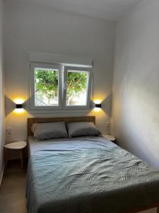 a bedroom with a bed and two windows at FanLex Summer House in Nea Kalikratia