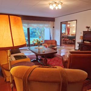 Vintage charm with comfort في بيرنكاستل كويز: غرفة معيشة بها كنب وطاولة ومصباح