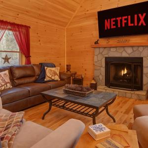 a living room with a couch and a fireplace at Heated In Door Pool Hot Tub 6 Seater Fire Pit Wineries Pickleball Gym in Ellijay