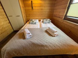 a bedroom with two beds in a log cabin at Domki Przewłoka in Przewłoka