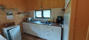 a small kitchen with a sink and a stove at Domek Ziarno in Krościenko
