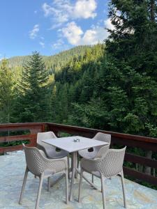 a table and chairs on a patio with a view at Evergreen Tiny Homes in Peje
