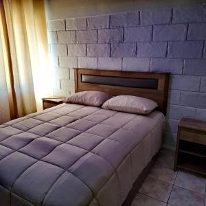 a bedroom with a large bed with a brick wall at Alto Jere in Toconao +18 photos