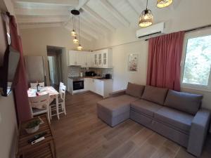 a living room with a couch and a kitchen at Elysian olive villas in Spartià