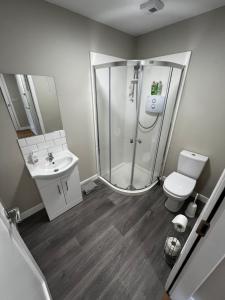 Un baño con ducha, inodoro y lavabo. en Codladh Sámh Apartment, en Templemore