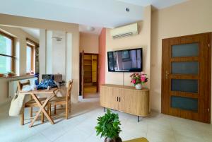 a living room with a table and a television at Pabianice studio Bracka in Pabianice