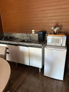 a kitchen with a counter with a sink and a microwave at Império Cabanas in Urubici