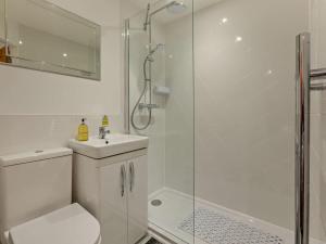 a bathroom with a shower and a toilet and a sink at 2 Bed in Barnstaple 94038 in Bishops Tawton +8 photos