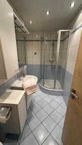a bathroom with a shower and a sink and a tub at Altstadt Perle in Limburg an der Lahn