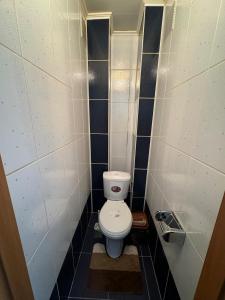 a small bathroom with a toilet in a stall at N40 Apartment in Pavlodar