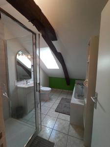 Cossé-le-VivienにあるGite La ferme aux vachesのトイレ、洗面台、鏡のあるバスルーム +6枚の写真