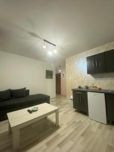 a living room with a black couch and a table at Villa Rako Struga in Struga