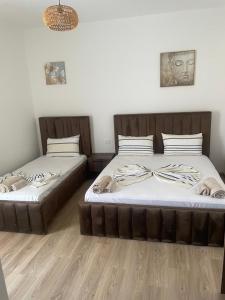 two beds sitting next to each other in a bedroom at Seliano Residence in Velipojë