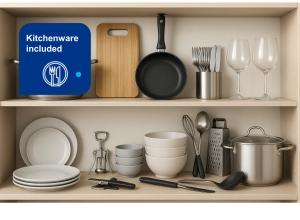 a shelf with dishes and utensils on it at Family Apartment with Puente de la Mujer View in Puerto Madero in Buenos Aires +30 photos