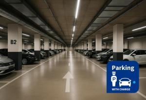 a parking garage with a parking sign in the middle at Trendy Apartment in Puerto Madero in Buenos Aires +24 photos