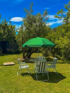a table and two chairs with a green umbrella at La Loisa - Bungalows & Rooms in San Carlos de Bariloche +63 photos