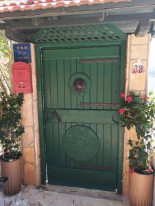 een groene deur met twee planten ervoor bij Apartment Indira in Vela Luka +11 foto's