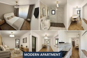 a collage of three pictures of a modern apartment at Luxury Stay in Brăila