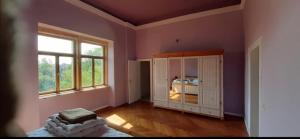 a bedroom with purple walls and a bed and a window at Schloss Ruhethal in Mügeln