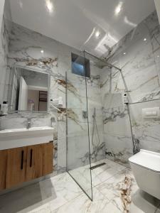 a bathroom with a shower and a sink and a toilet at Azure Waves in Vlorë