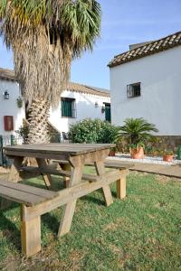 a wooden picnic table in front of a palm tree at Casa Juncal in Tarifa