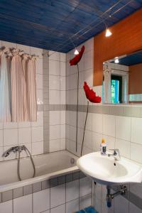 a bathroom with a sink and a bath tub and a mirror at Waldhaus im Erzgebirge in Augustusburg