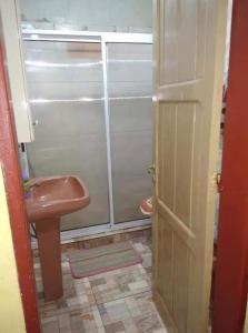 un bagno con lavandino e porta doccia in vetro di Puerto Iguazu casa a Puerto Iguazú