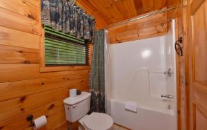 a bathroom with a toilet and a shower and a sink at Amazing Grace in Sevierville +32 photos