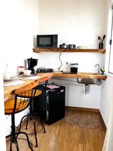 蒙特韦尔迪Vila Ninho da Maritaca的厨房配有带水槽和桌子的柜台