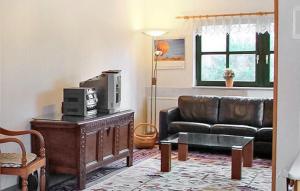 Una sala de estar con un sofá de cuero y un televisor. en Ferienhaus Barth, en Barth