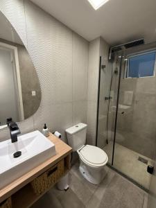 a bathroom with a toilet and a sink and a shower at Apartamento Condominio Nogueira Petrópolis rj #3 in Bom Sucesso