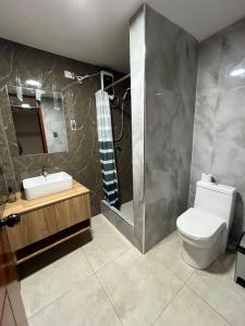 een badkamer met een toilet, een wastafel en een douche bij Jaichi KIREI in Cajamarca