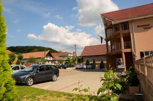 ein Auto, das auf einem Parkplatz neben einem Gebäude parkt in der Unterkunft Pensiunea Anca in Baile Felix