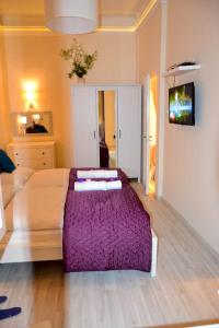 ブダペストにあるMagnolia Apartmentのリビングルーム(紫の毛布付きのソファ付)