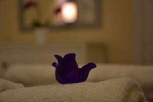 un objeto púrpura sentado encima de un montón de toallas en Magnolia Apartment, en Budapest