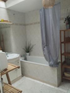 a bathroom with a tub and a shower curtain at Maison avec vu sur le château in Pierrefonds +13 photos