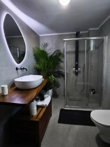 Un baño con lavabo y ducha con espejo. en ΛΝΛPliON home, en Nauplia