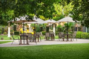 a group of tables and chairs with umbrellas at Ramada by Wyndham Del Rio in Del Rio