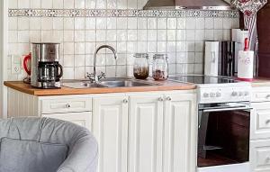 韦斯特维克Stunning Home In Västervik With Kitchen的厨房配有白色橱柜、水槽和炉灶。