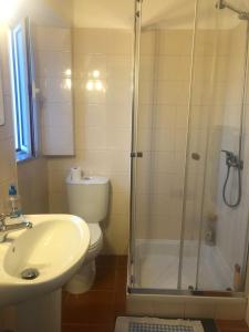 a bathroom with a shower and a toilet and a sink at Sudoeste Guest House in Odeceixe