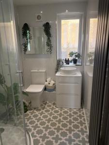 un bagno con un water e un lavandino di Cosy little house on Great Orme a Llandudno